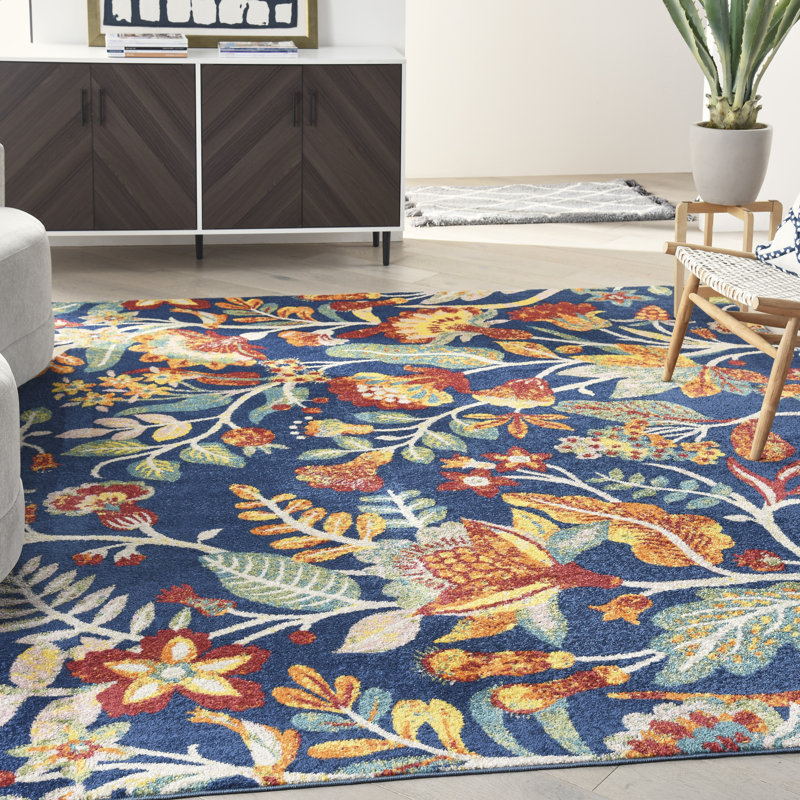 Tapis bleu marine à motif floral Lakenya, Rectangle 7 pi 10 po x 9 pi 10 po