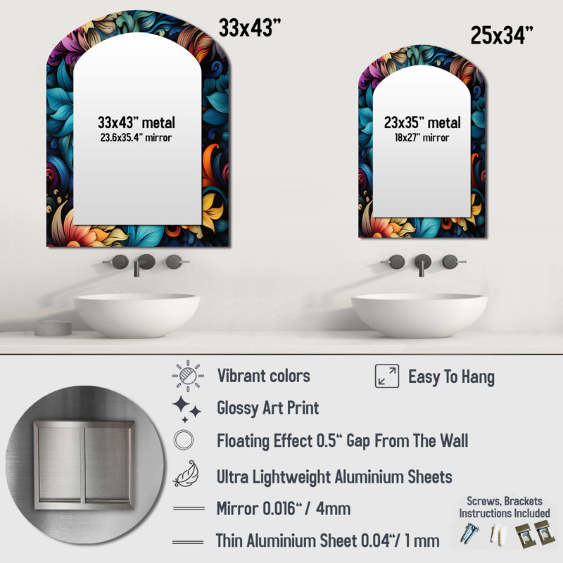 Exotic Tapestries Boho Pattern - Paisley Arch Decorative Mirror, Glam Asymmetrical Wall Mirror, Printed Metal Art, 43" x 33"