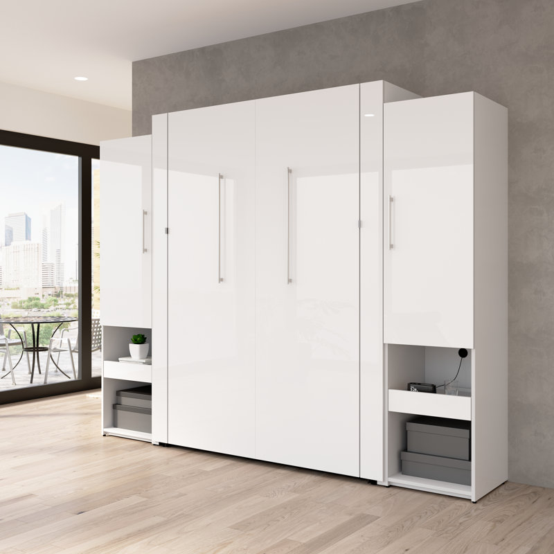 Maile High-Gloss Scratch-Resistant Murphy Bed and Storage Cabinets with Door and Pull-Out Shelf, Queen
