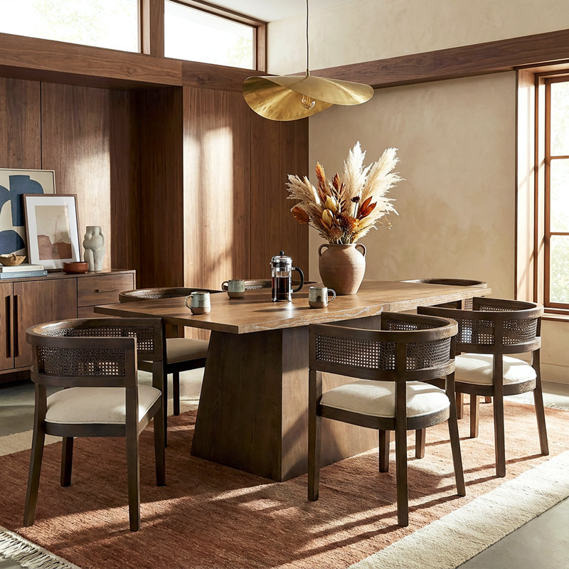 Ensemble de table de salle à manger 7 pièces avec chaises rembourrées et dossier en rotin Oveson, Noyer
