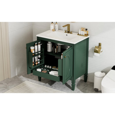 Lavabo de salle de bain 30 po, charme rétro, charnières - rangement généreux avec deux portes, tablette et tiroir fonctionnel, armoire spacieuse à portes