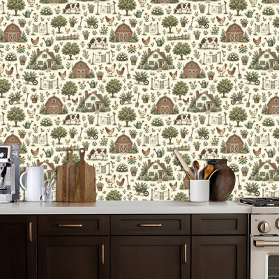 Peel and Stick Wallpaper farmhouse chicken cattle barn cottage Animal Garden bird floral leaves Contact Paper Removable Self Adhesive Wall Mural Wall Decor for Bedroom Kitchen Cabinets 17.7in x 118in