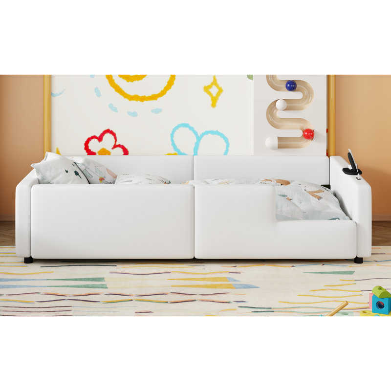 Lit simple tapissier blanc avec garde-corps et charge fiable - Taille sans fil