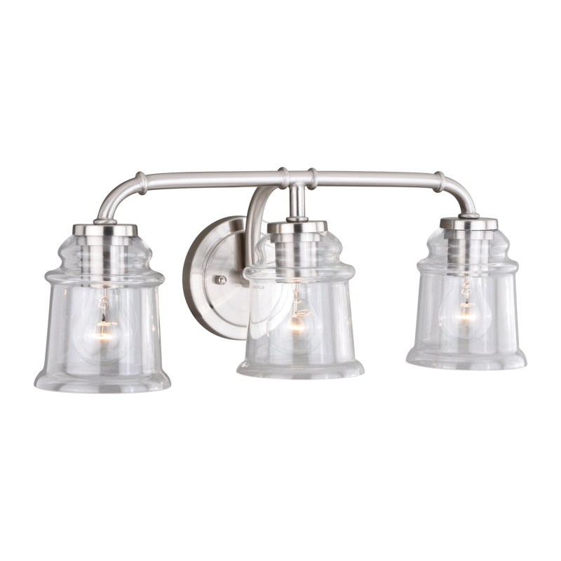Luminaire de salle de bain industriel en nickel satiné à 3 lumières de 22 pouces Akini, abat-jour en verre transparent, à intensité variable, compatible avec DEL, applique murale au-dessus du miroir