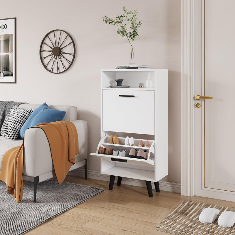 Corrigan Studio® Shoe Cabinet, Freestanding Shoe Rack With 2 Flip Drawers And Legs FSSR013, Ivory White