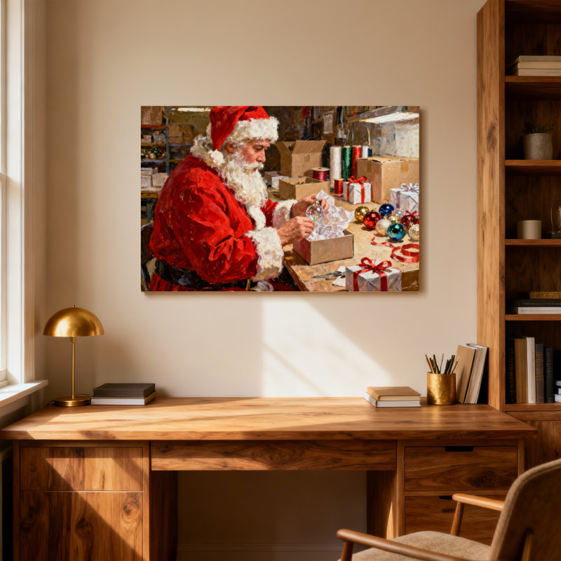 Noël père Noël emballant des cadeaux dans un atelier, H 16 po x l 24 po