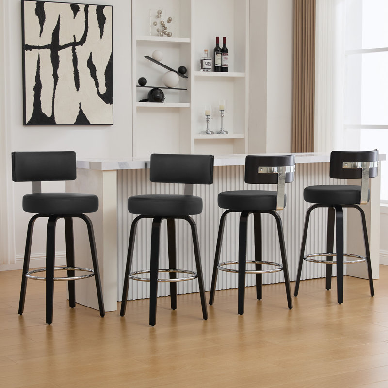 Swivel Upholstered Stool With T-Shaped Backrest, Counter Stool (26" Seat Height), Black, 1
