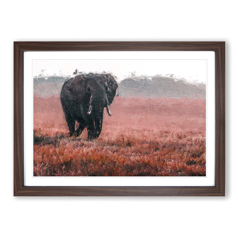 Marching Elephant in Abstract - Picture Frame Painting Print, 48cm H x 65cm W x 2cm D, Walnut Framed