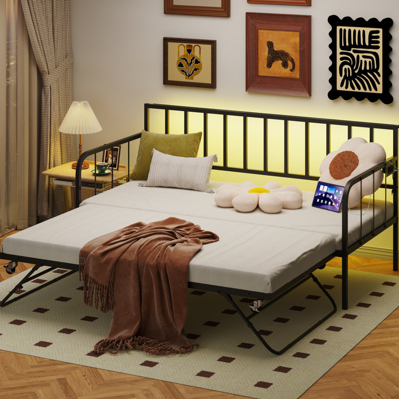 Lit de jour simple avec lit gigogne, cadre de lit en métal pour la chambre à coucher et le salon, peu encombrant, motifs élégants et uniques, soutien, rangement inférieur, style de travail d'assemblage simple, procédé en acier