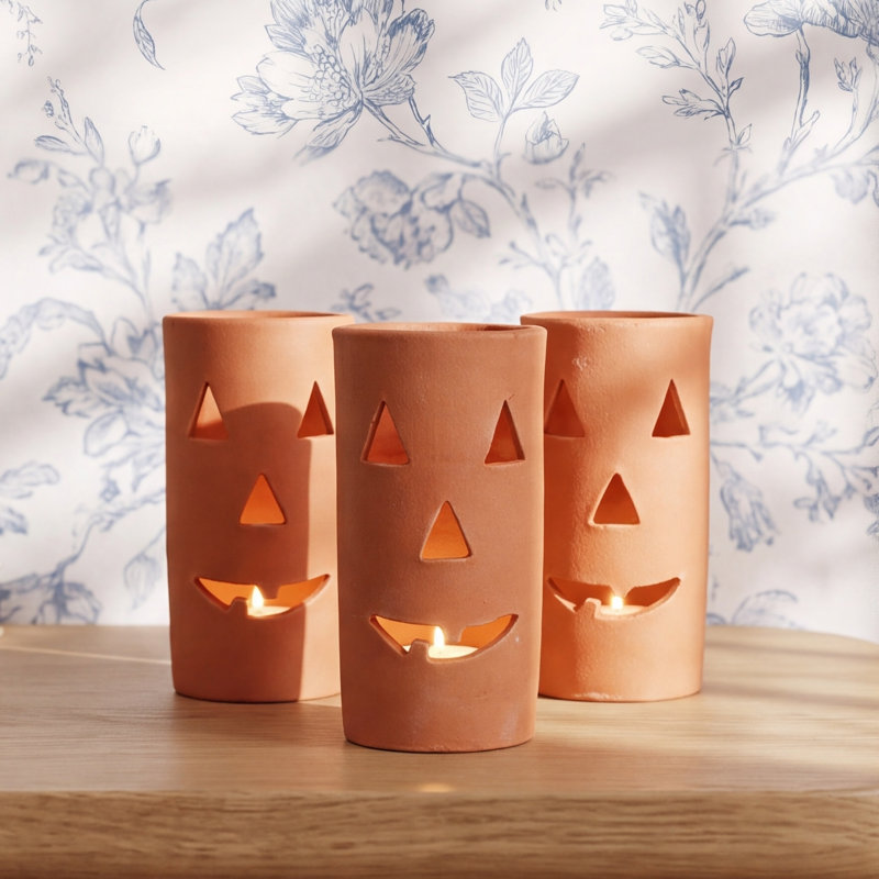  Tall Terracotta Jack-O-Lanterns Set Of 6 – 8" H Handmade Halloween Decor For Tabletop Display