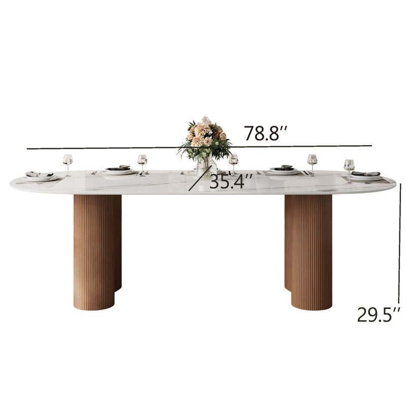 78" Luxury Faux Marble 6-8 People Oval Dining Table, Double Roman Column Brown Legs Modern Minimalist Kitchen Table for Living Room Dining Room