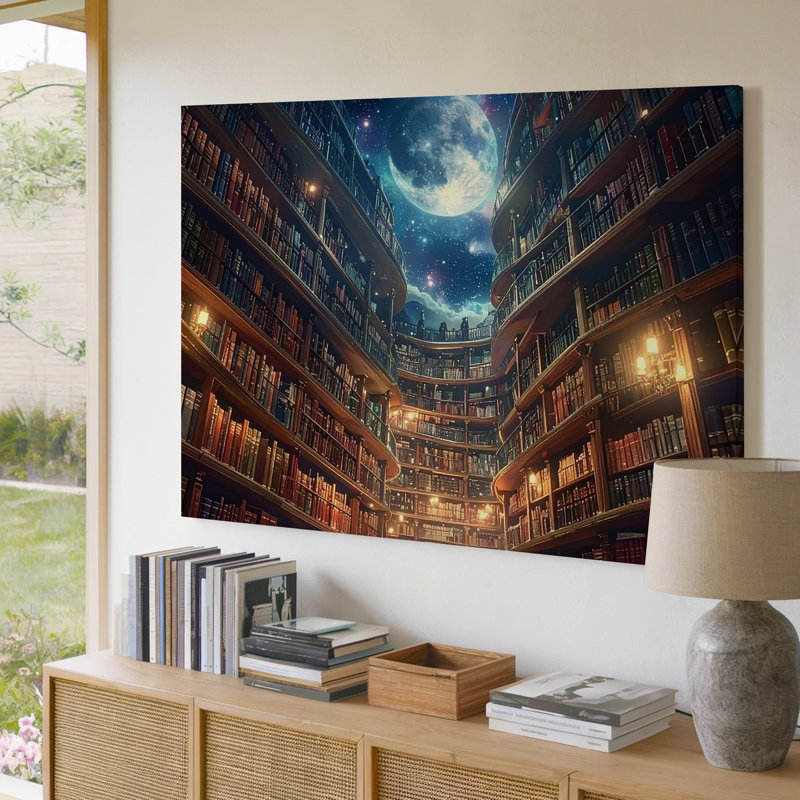 Art mural sur toile, bibliothèque céleste, bibliothèque gothique Canvassurreal avec ciel au clair de lune, H 11 po x l 14 po