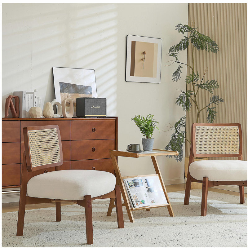 [Ensemble 2 pièces] Chaise longue beige moderne avec dossier tissé, structure en bois massif, chaise décorative simple et élégante, idéale pour le salon, la chambre à coucher ou le bureau