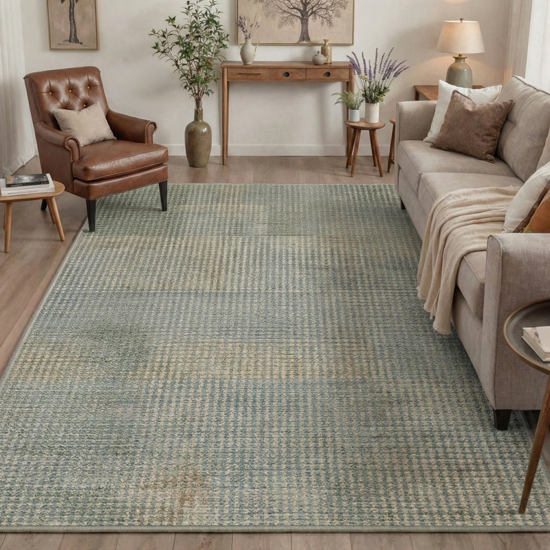 Coady Euclid Modern Geometric Machine Washable Beige / Blue / Green Indoor Area Rug with Non-Slip Backing, Rectangle 6' x 9'