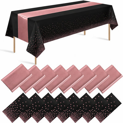 16 Piece Tablecloth and Satin Runner Set, 54 x 108 & 12 x 108 Inch Disposable Black-Pink Party and Wedding Decor