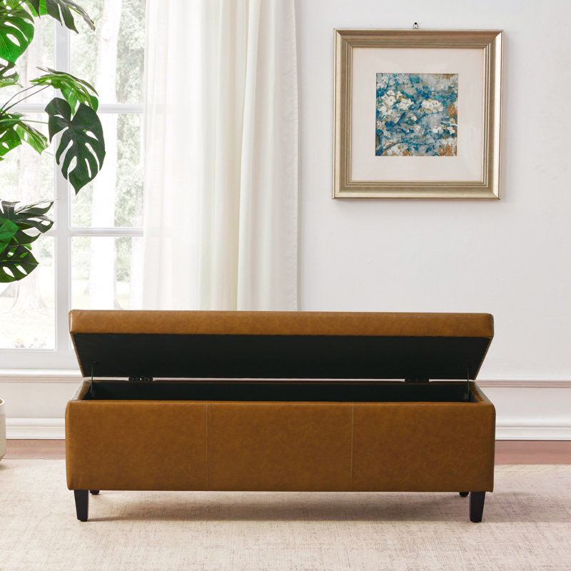 Faux Leather Upholstered Storage Bench, Brown Yellow