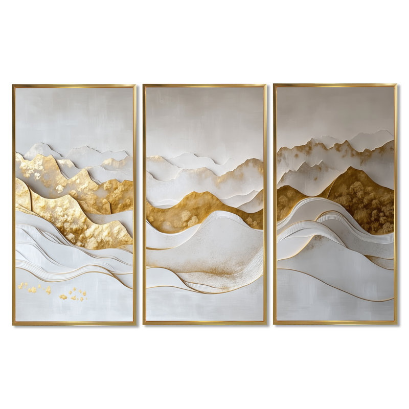 «Gold and White Soft Horizon Layers», art abstrait encadré 3 pièces, Cadre flottant doré, H 40 po x l 60 po