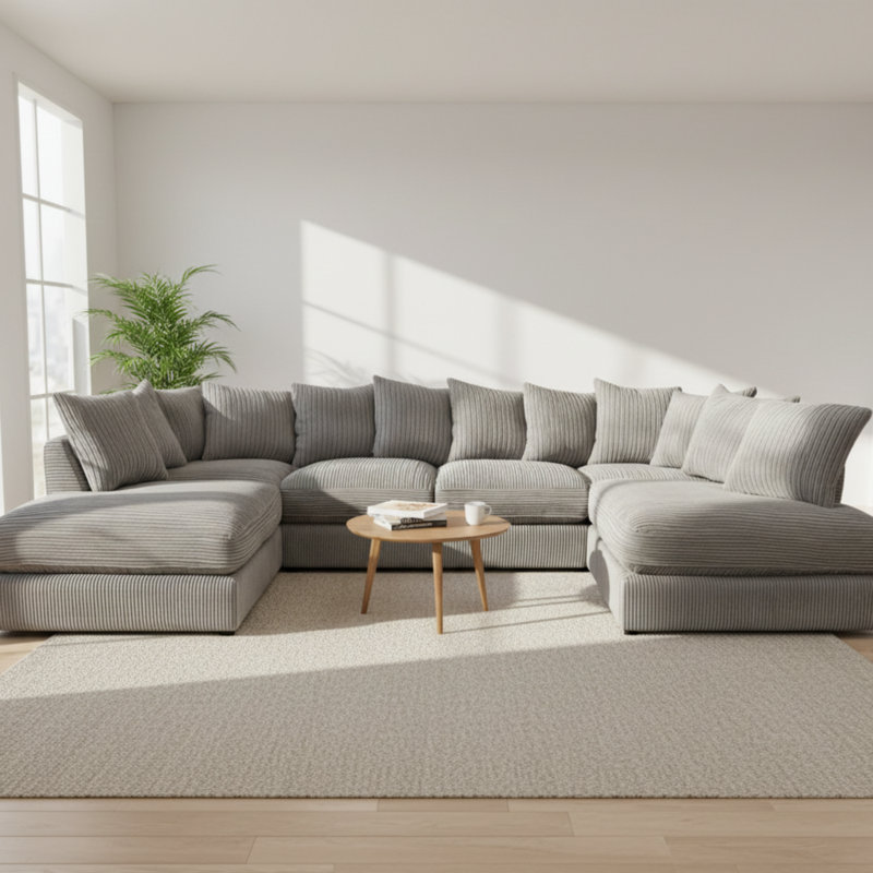 7 Seater Corduroy Corner Sofa, Grey