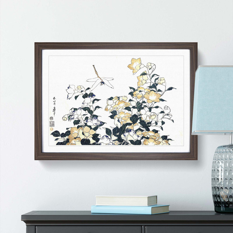 Dragonfly and Bellflower by Katsushika Hokusai - Picture Frame Painting Print, Walnut Framed, 27cm H x 36cm W x 2cm D