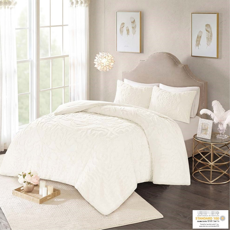 Édredon en chenille à médaillon de coton, Blanc cassé, Édredon double / grand + 2 taies d'oreiller
