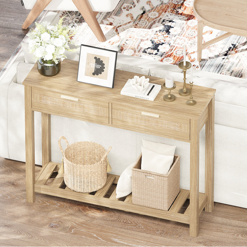Console 39 po avec 2 tiroirs et tablette ouverte Boho