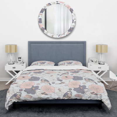 Oiseaux et fleurs gris - Ensemble de housse de couette floral - Polyester en microfibre