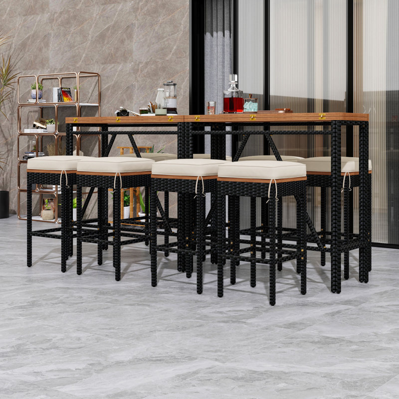 Ensemble de table de salle à manger 10 pièces en osier avec table pliante en bois d'acacia et tabourets rembourrés