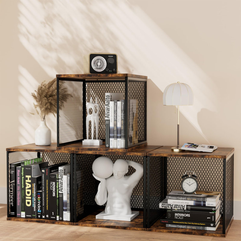 2 Compartment Storage Organizer, DIY Variable Stackable Wood And Metal Cube Shelves, Brown