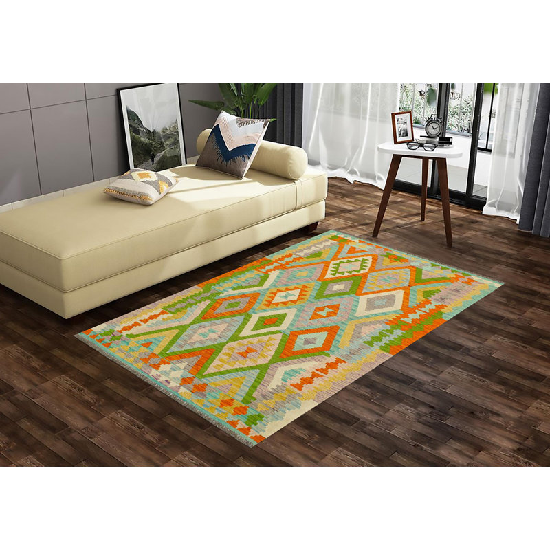 Tapis géométrique bleu orange en laine fabriqué à la main 4 pi x 5 pi 8 po Kemya
