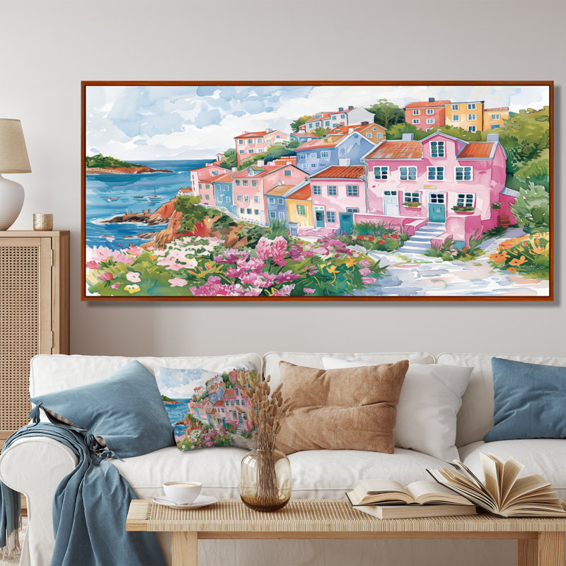 Impression d'art mural rose, vert et charmant, Italie, bord de mer III, Cadre flottant brun, H 28 po x l 60 po