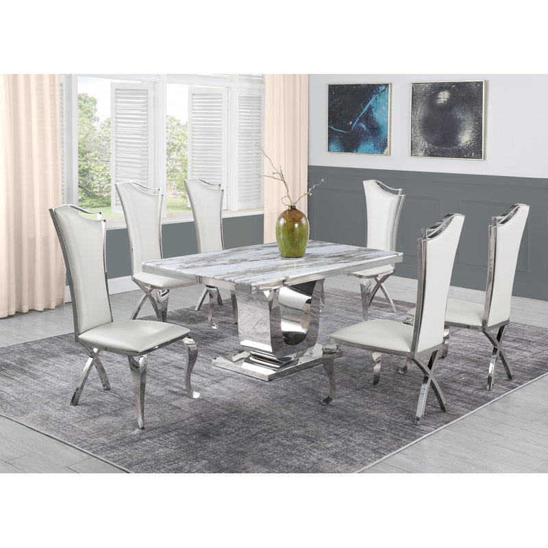 Sipos Marble Top Pedestal Dining Set, 5, White