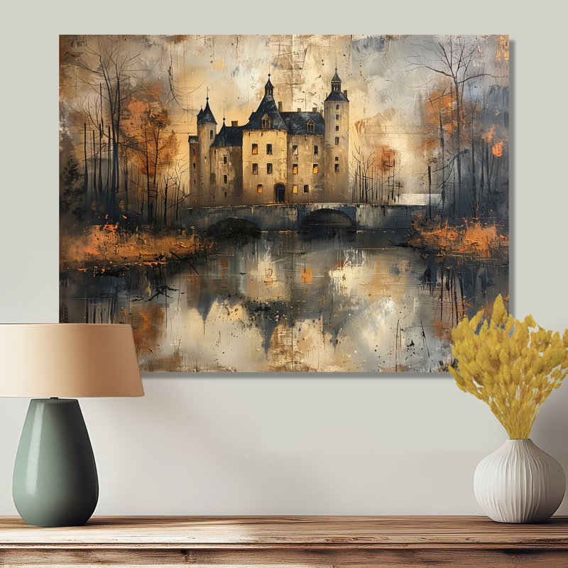 «Gray Black Rustic Castle By The Lake - Chateaus Wall Art Living Room, Métal métal, H 24 po x l 32 po
