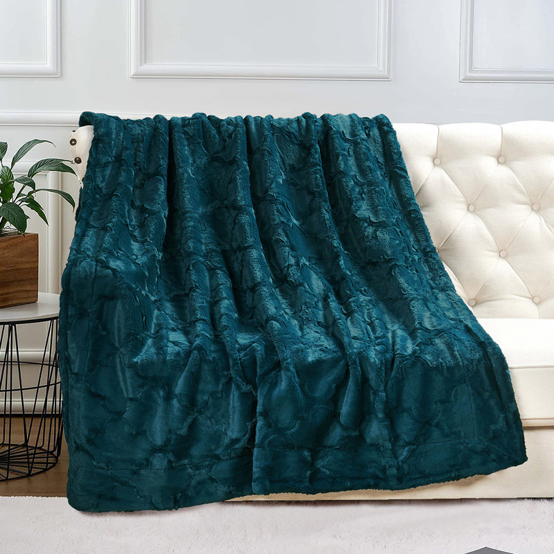 Dark Teal Faux Fur and Sherpa Reversible Throw Blanket, 50" x 60"