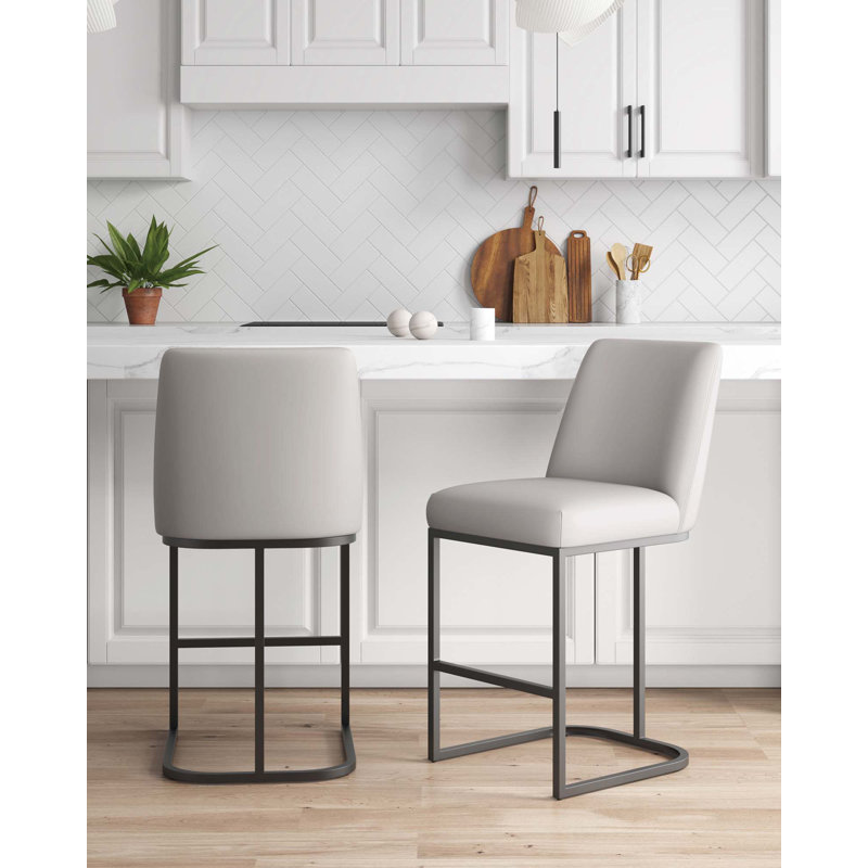 Serena Modern Vegan Leather Upholstered Metal Counter Stool in Light Gray, Light Gray, Counter Stool (26.37" Seat Height)