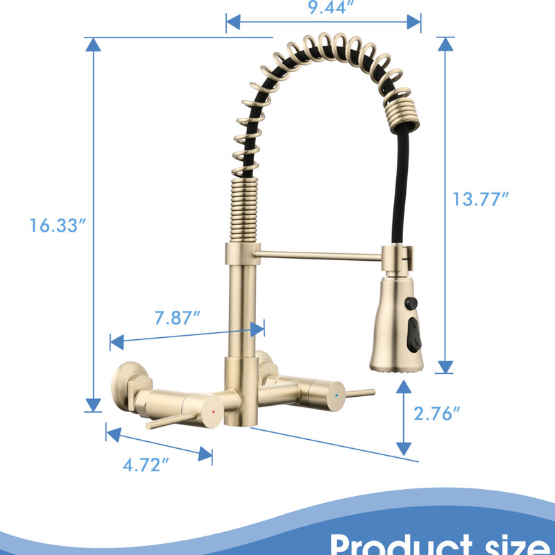 Wall Mounted Faucet In Brushed Gold - 3 Functions, Corrosion , High Spout, 1.8 Gpm Flow Kitchen 360 Rotation, Dual Lever Handles, Rate,