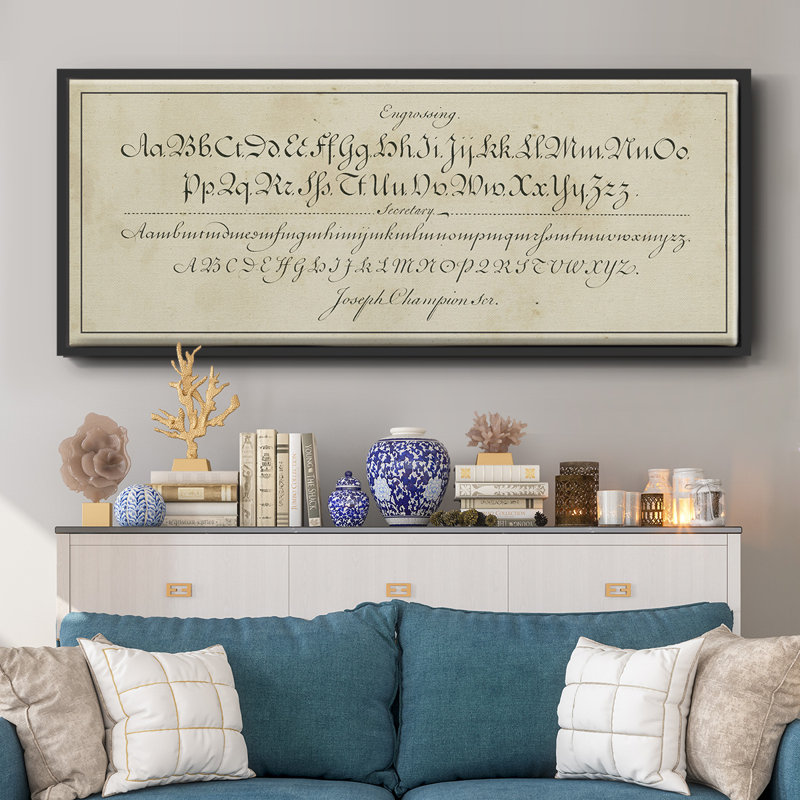 " Manuscript Sampler V ", 14.5" H x 26.5" W x 1" D, Black Framed Canvas