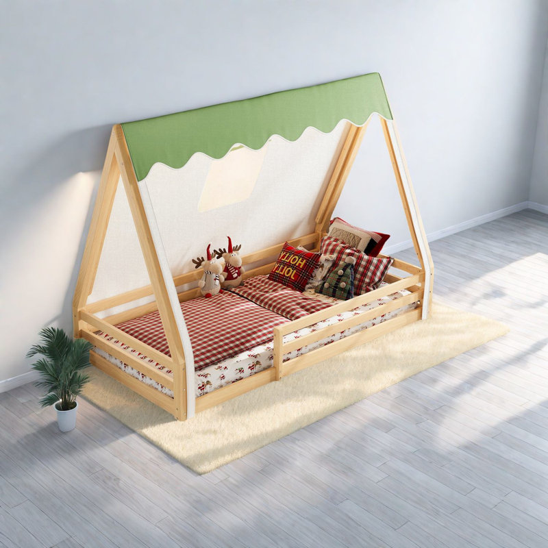 Lit simple en bois avec tente et garde-corps, conception d'inspiration Montessori
