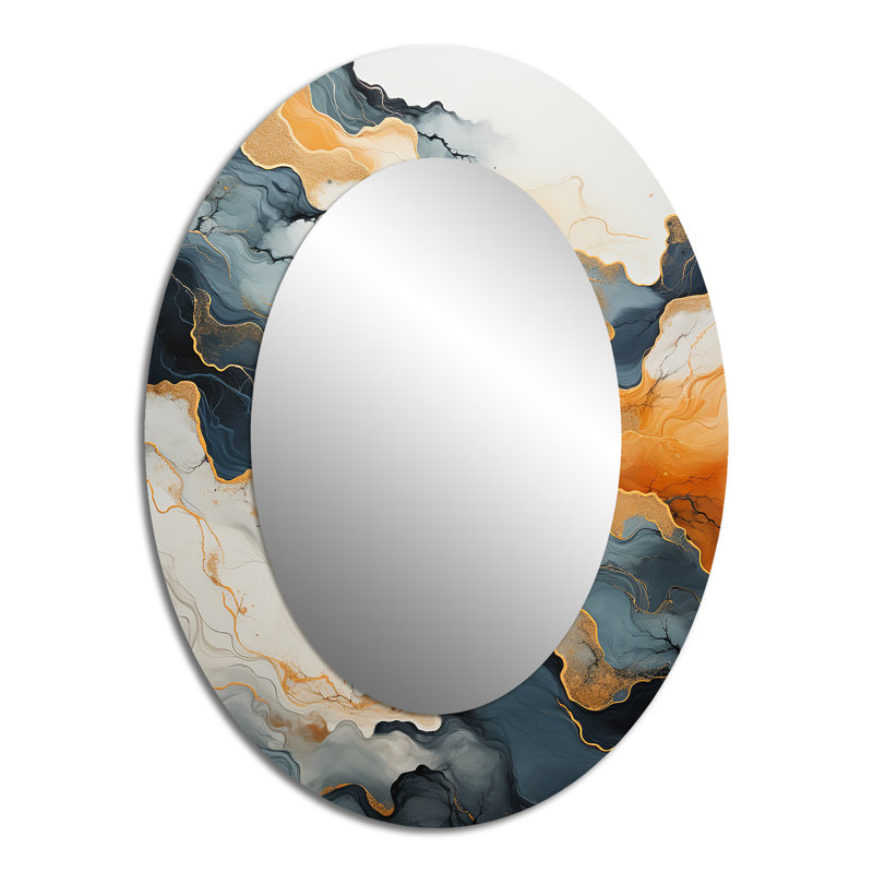 Abstract Orange And Blue River Ink II - Modern Oval Wall Mirror, 40" H x 30" W