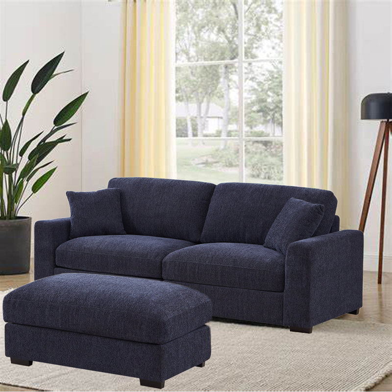 Aniessa 92'' Upholstered Sofa with Reversible Ottoman, Dark Blue Polyester Blend