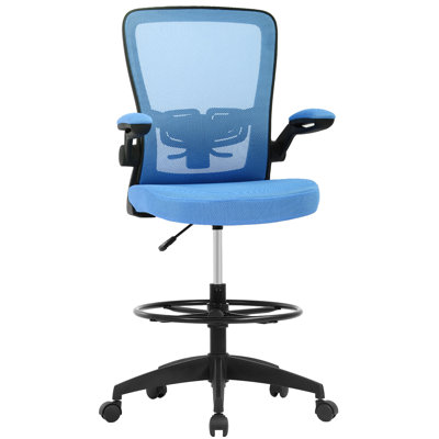 Drafting Chair Ergonomic Tall Office Chair Adjustable Height Computer Chair With Lumber Support Mid Back Task Mesh Desk Chair With Flip Up Arms Footrest Drafting Swivel Stool For Standing Desk, Blue