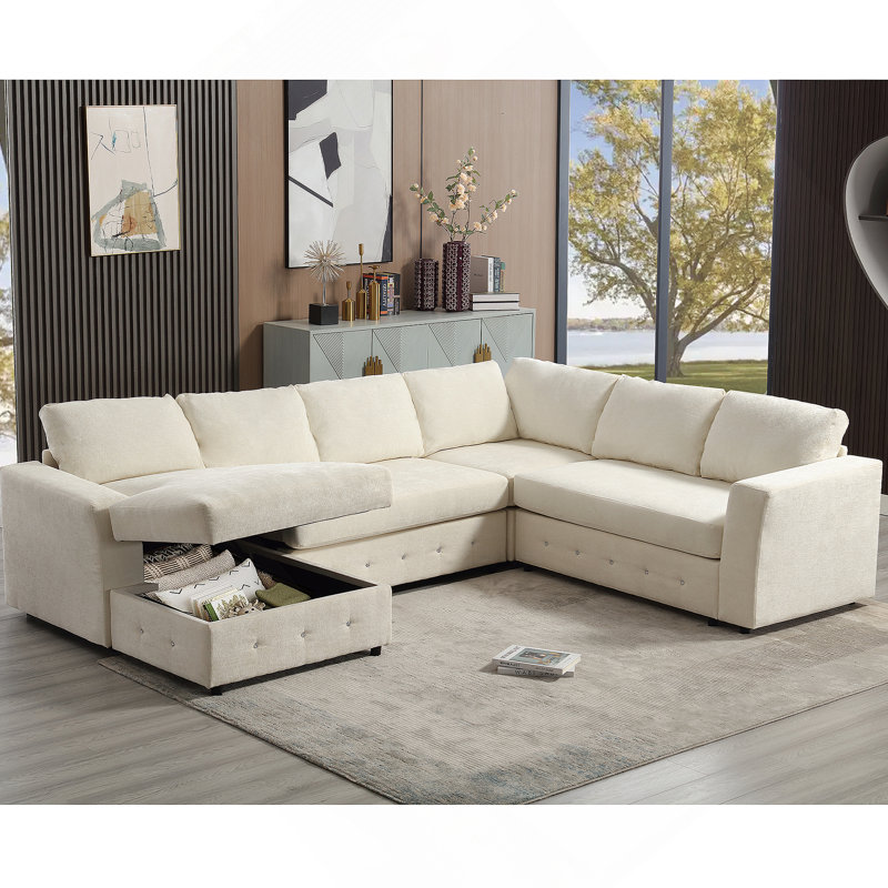 Luxueux canapé modulaire surdimensionné avec méridienne et rangement pour le salon, Beige