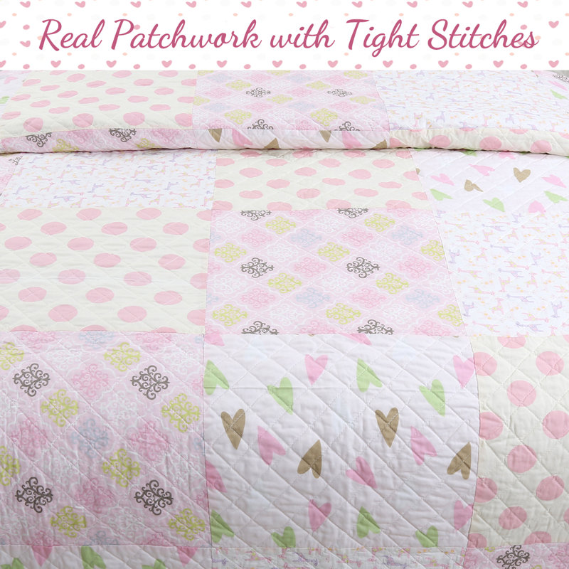 Pink Hearts and Polka Dots Cotton Twin Reversible Quilt Set