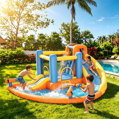 Outsunny 5-in-1 Inflatable Water Slide Bounce House for Kids, Water Park Jumping Castle with Pool, Slide, Climbing Walls & 2 Water Cannons – Includes
