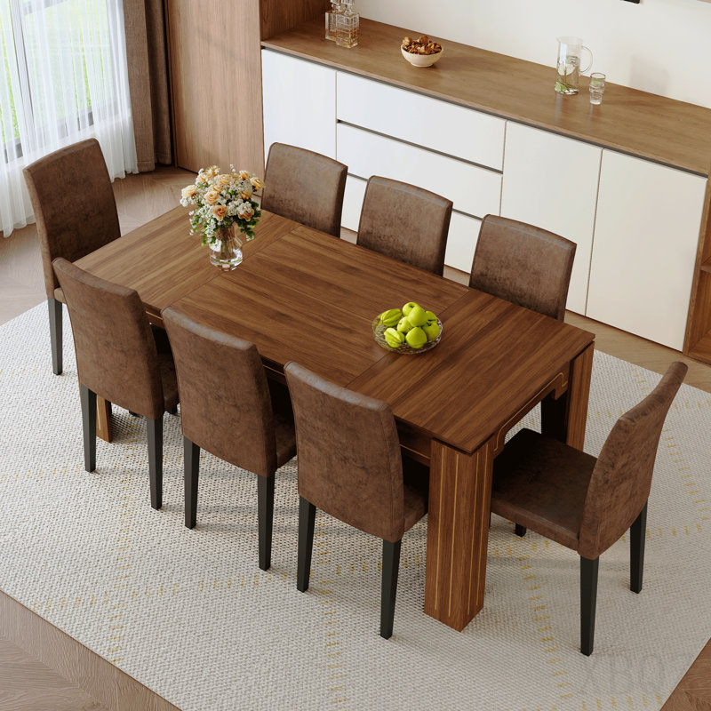 Table And Chair Set. 71 × 31.5 Inch Walnut Wood Grain Dining Table, Paired With A Set Of 8 Brown Technology Fabric Dining Chairs. 1 Table, 8 Chairs, Home Dining Table And Chair Combination.