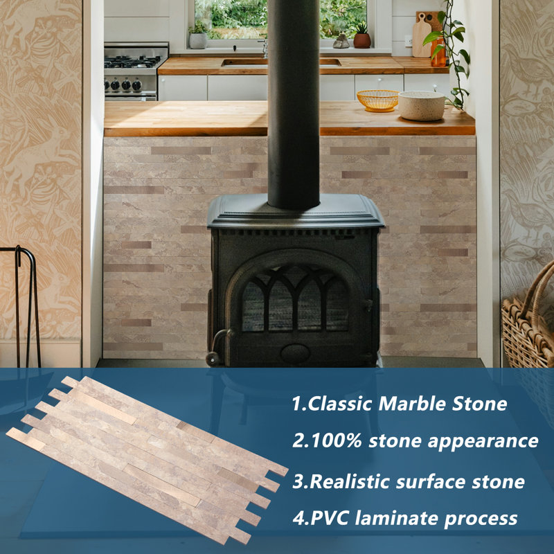 6" W X12" L PVC Peel and Stick Backsplash Tiles with Stone Metal Look, Self-Adhesive Wall Tiles,Easy Install, Beige Stone