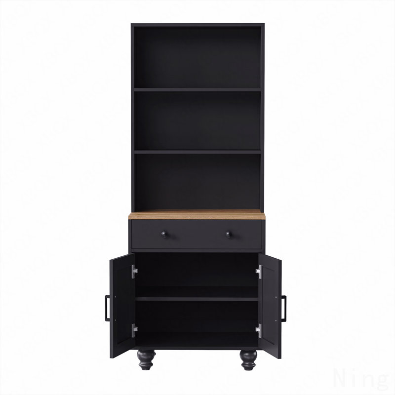 Farmhouse Storage Cabinet With 4 Solid Wood Gourd-Shaped Legs, Modern Kitchen Pantry With Adjustable Shelves, 5-Tier Bookshelf With Drawer