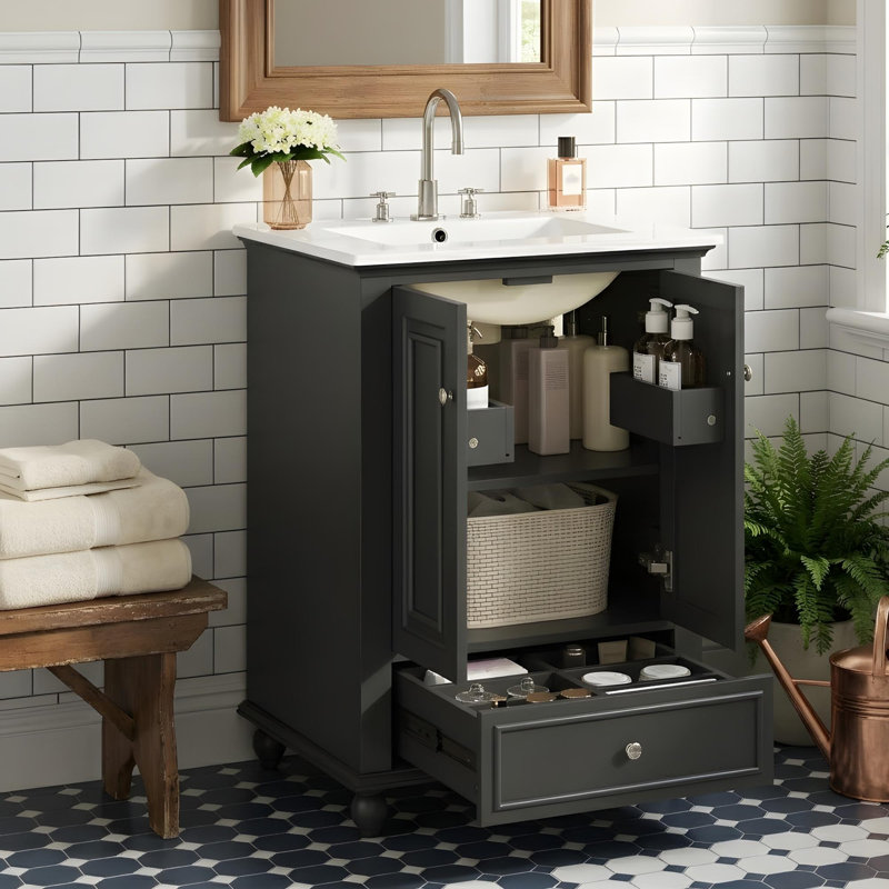 Meuble-lavabo de 24 po avec lavabo en céramique et rangement polyvalent, Noir