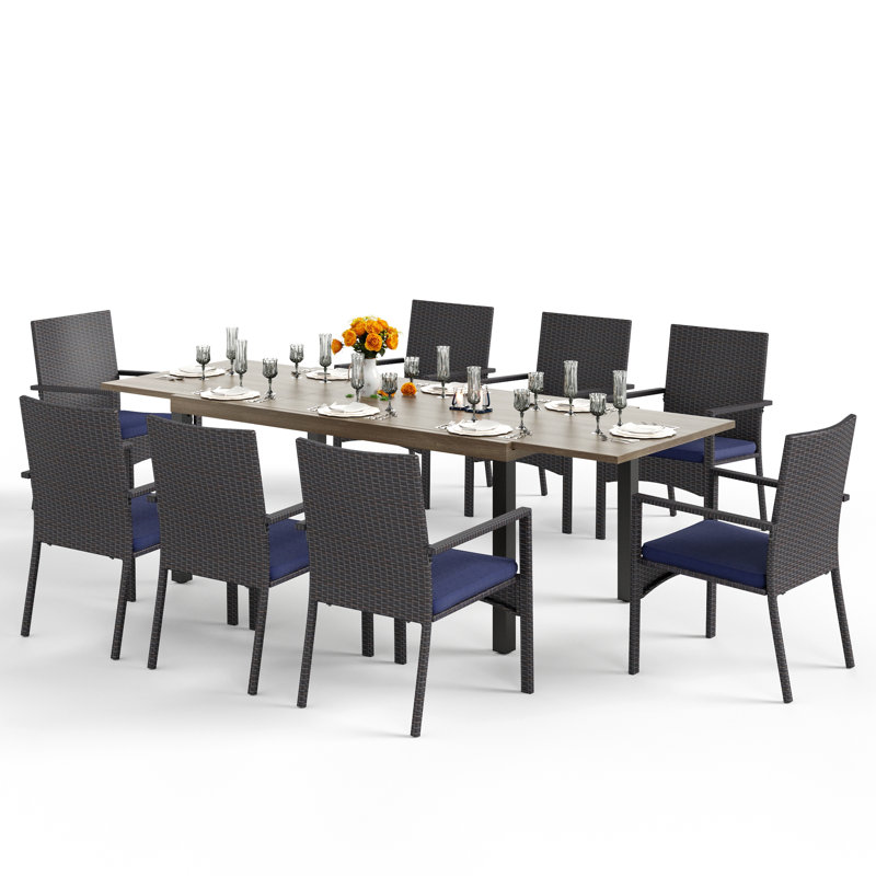 Table de salle à manger d'extérieur rectangulaire extensible d'apparence en bois avec chaises rembourrées, 8