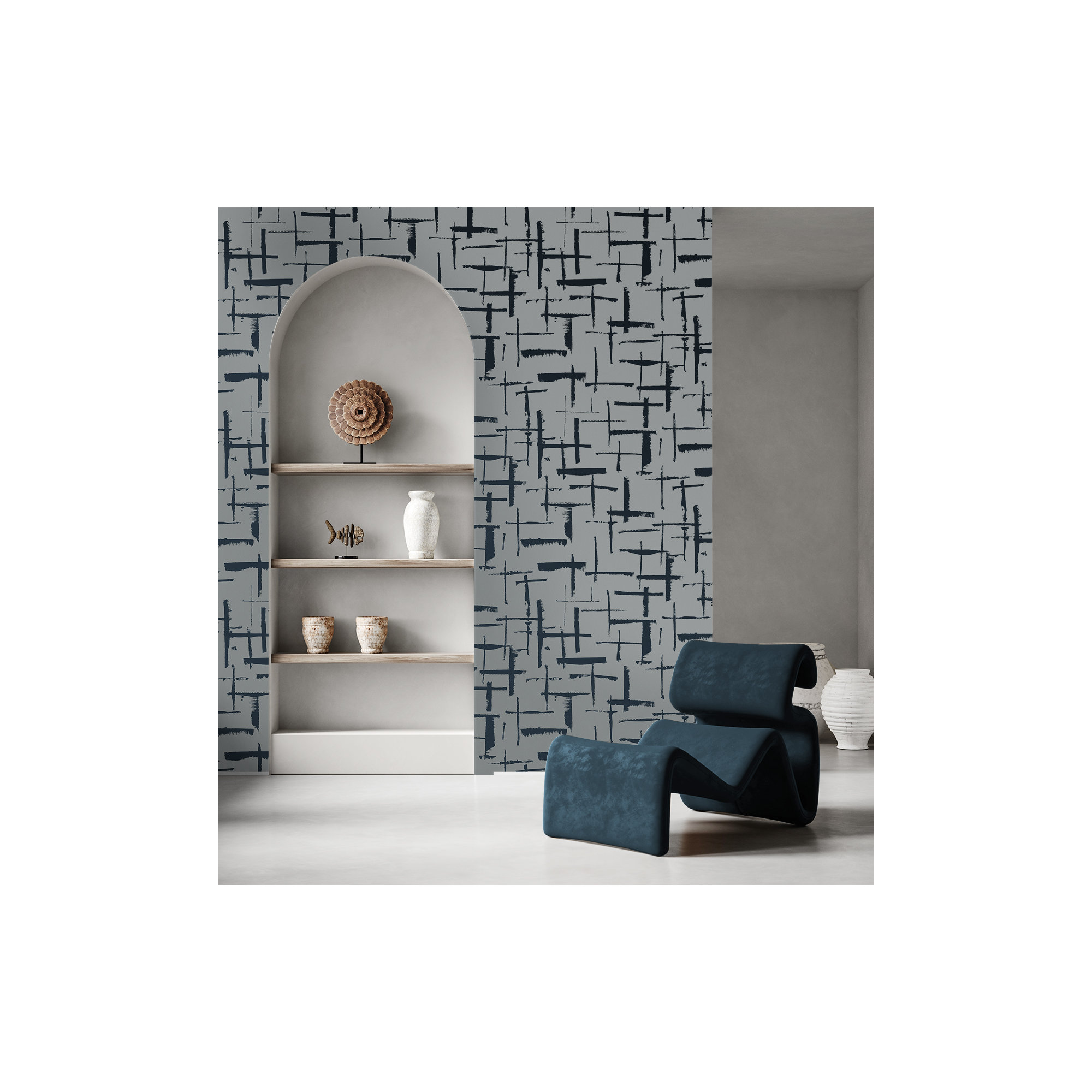 Niseko Modern Abstract Wallpaper, Metallic Silver Melody