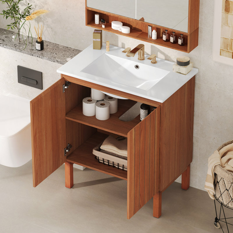 Meuble-lavabo 30 po avec lavabo en céramique, meuble-lavabo minimaliste rétro, portes à poignée libre 45 degrés, meuble-lavabo à rayures verticales avec grand espace de rangement